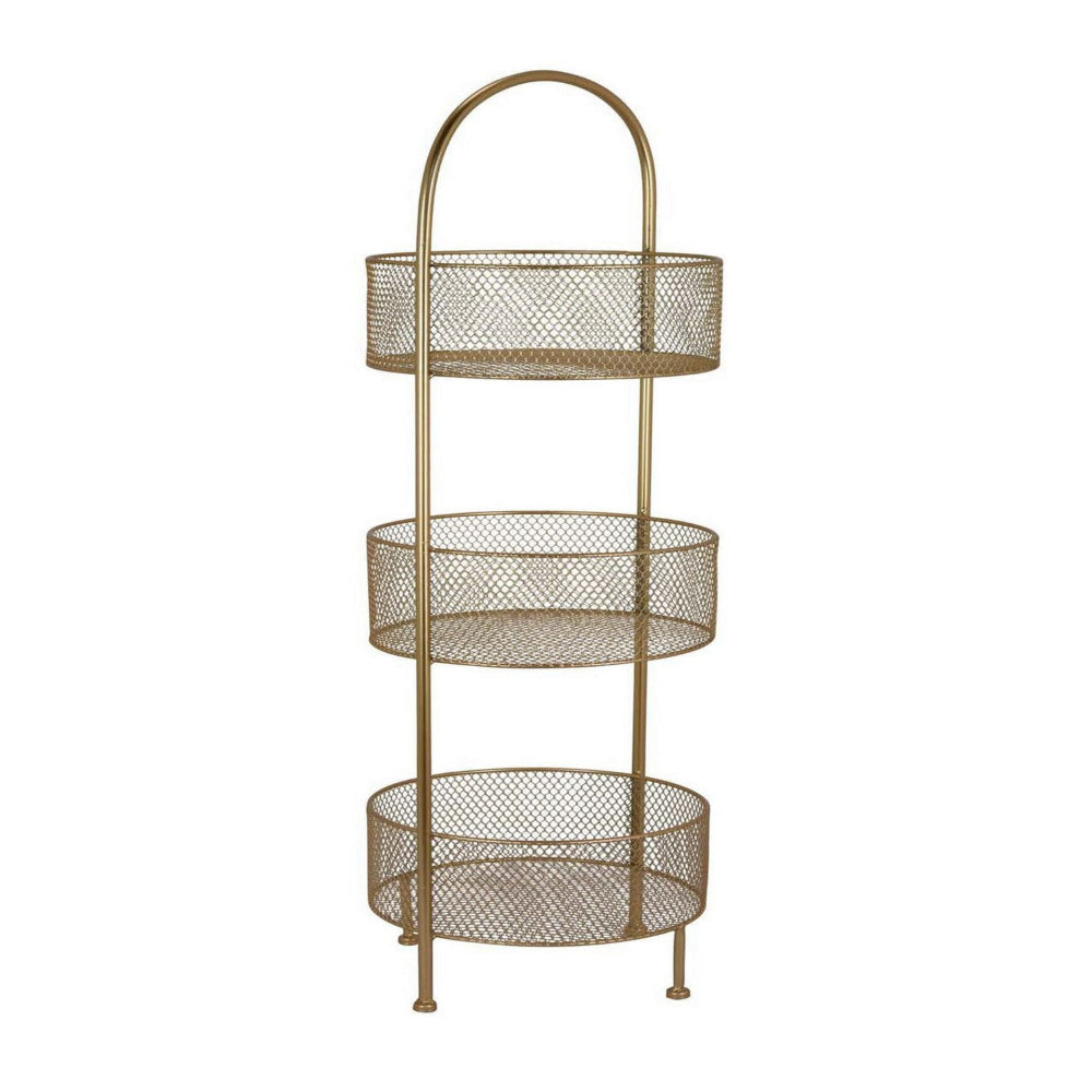 42 Inch 3 Tier Storage Rack, Round, Mesh Tops, Curved Metal Frame, Gold By Casagear Home