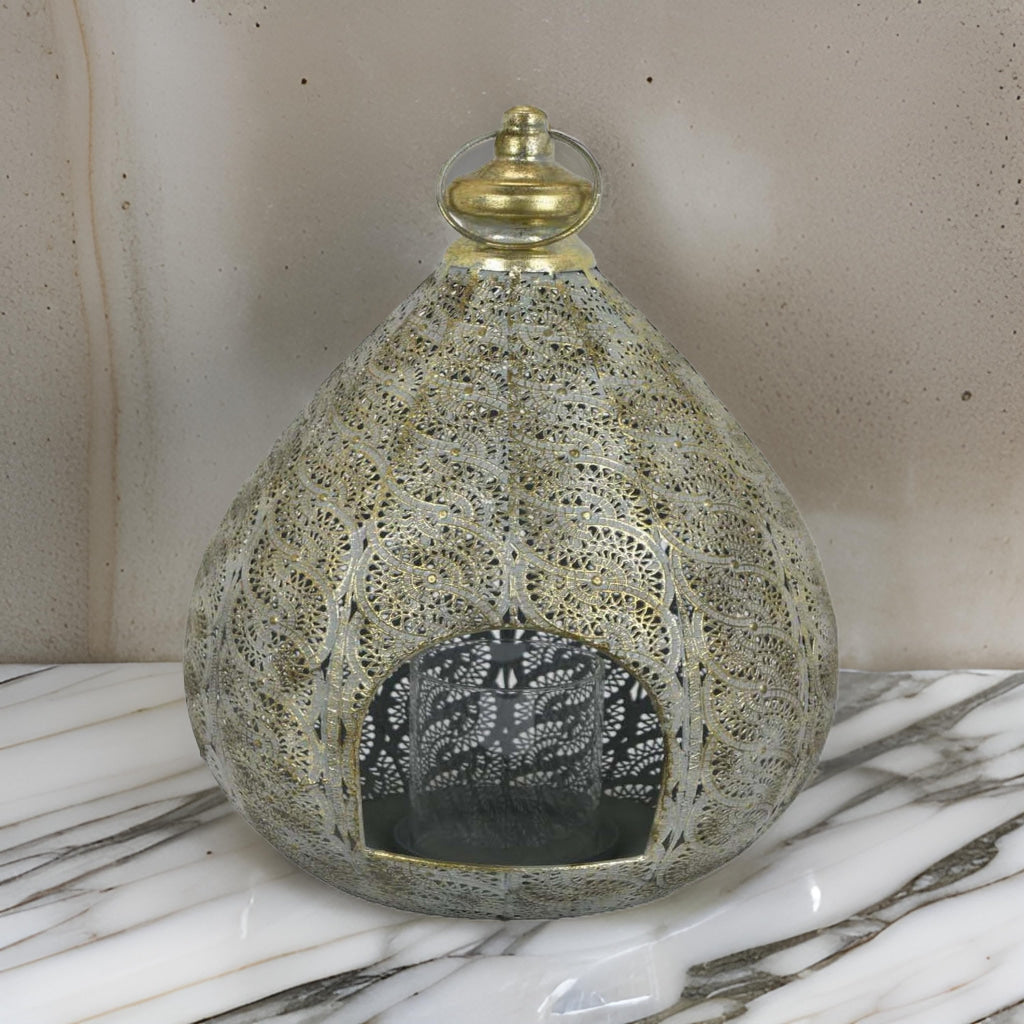 18 Inch Decorative Lantern, Embossed Design, Tear Drop Shape, Gold Metal By Casagear Home