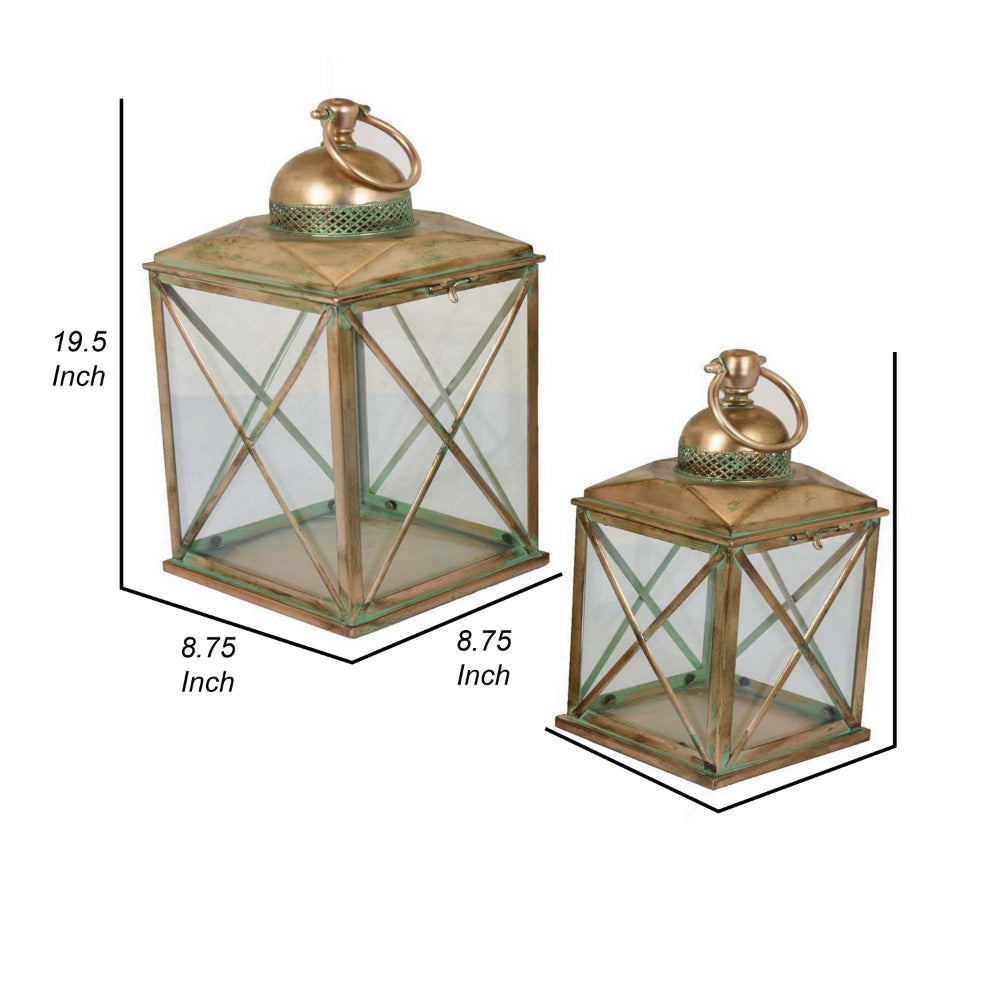 20 Inch Decorative Lantern Set of 2 Glass Panel Cross Metal Frame Gold By Casagear Home BM315655