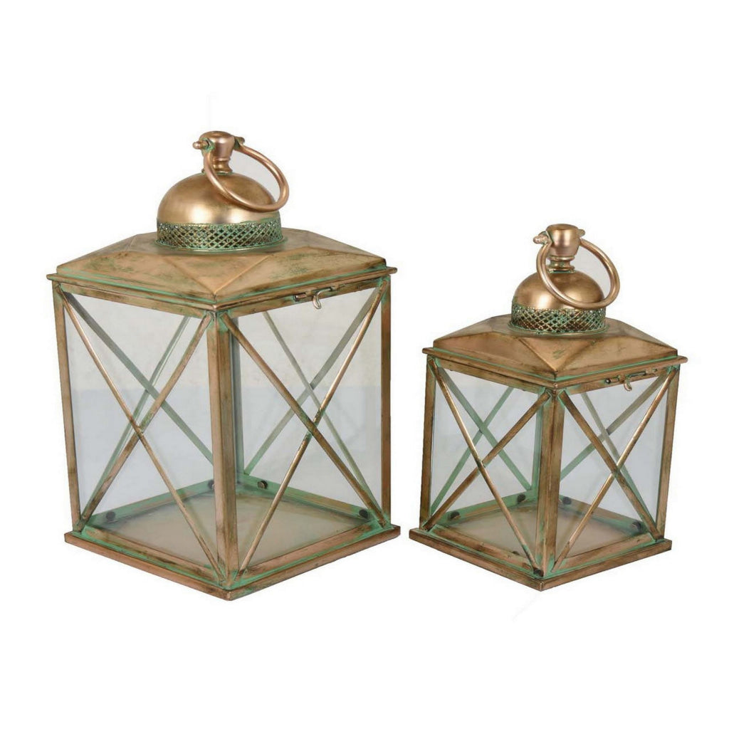 20 Inch Decorative Lantern Set of 2 Glass Panel Cross Metal Frame Gold By Casagear Home BM315655