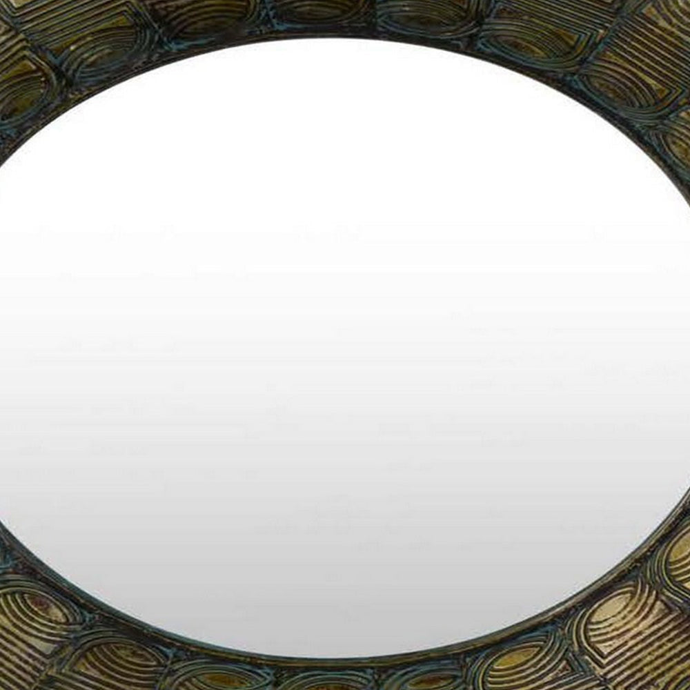 33 Inch Decorative Wall Mirror Round Embossed Design Bronze Metal By Casagear Home BM315657