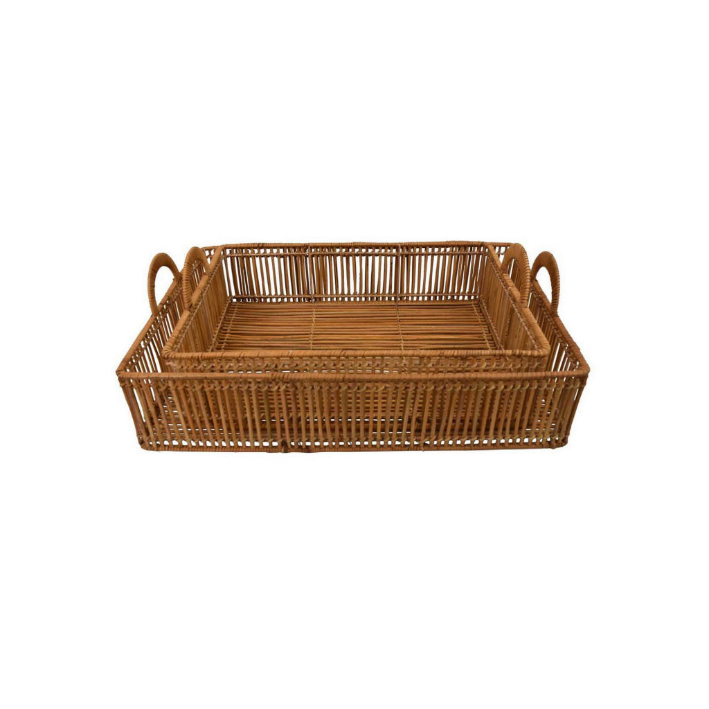 Set of 2 Decorative Trays Square Frame Curved Handles Brown Finish By Casagear Home BM315659