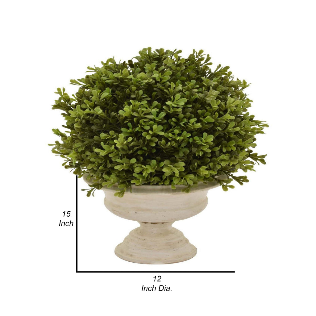 15 Inch Faux Boxwood Topiary Plant in Urn Pedestal Pot Off White Planter By Casagear Home BM315663