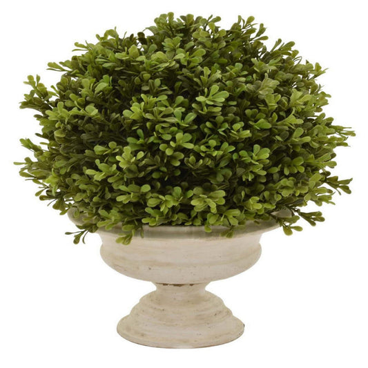 15 Inch Faux Boxwood Topiary Plant in Urn Pedestal Pot, Off White Planter By Casagear Home