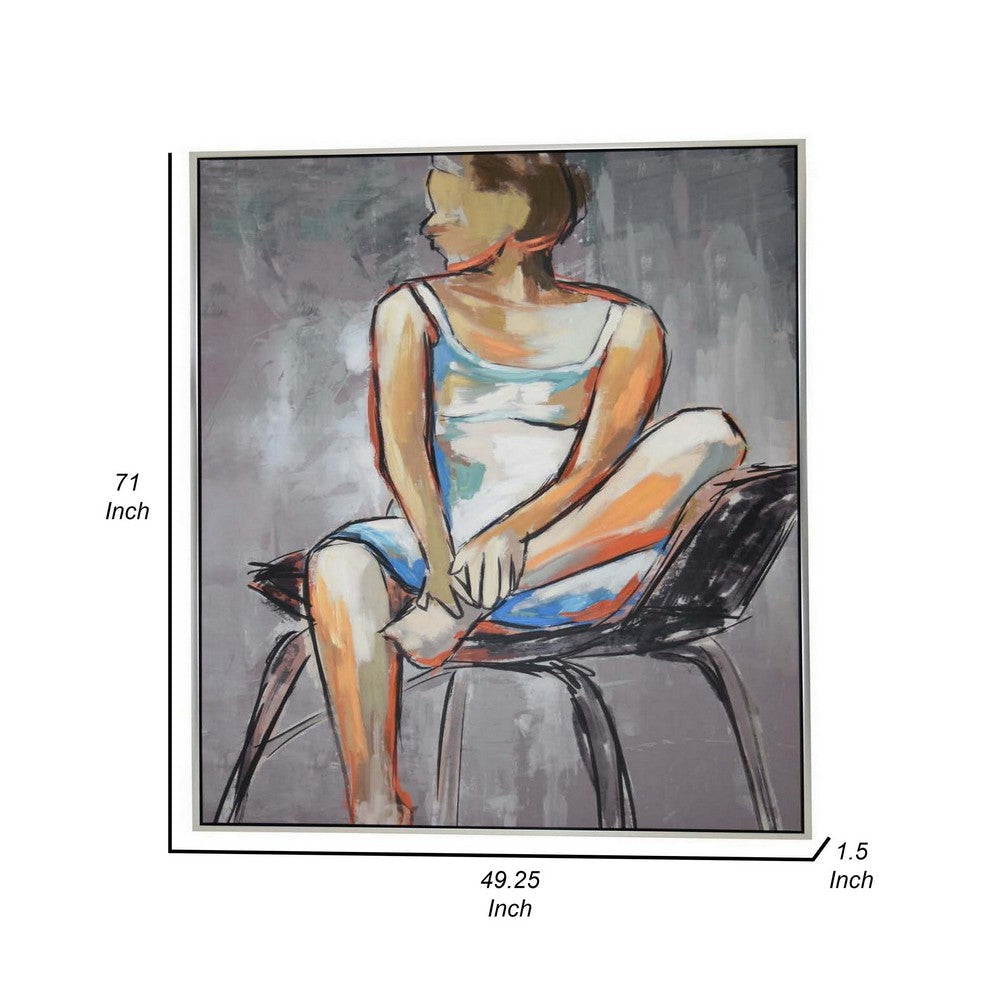 Iamo 49 x 71 Framed Canvas Oil Painting Woman Sitting on Chair Blue By Casagear Home BM315677