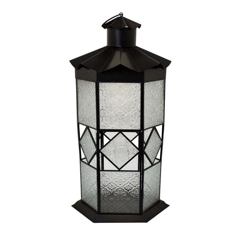 23 Inch Modern Decorative Lantern Hexagonal Glass Case Black Metal By Casagear Home BM315691