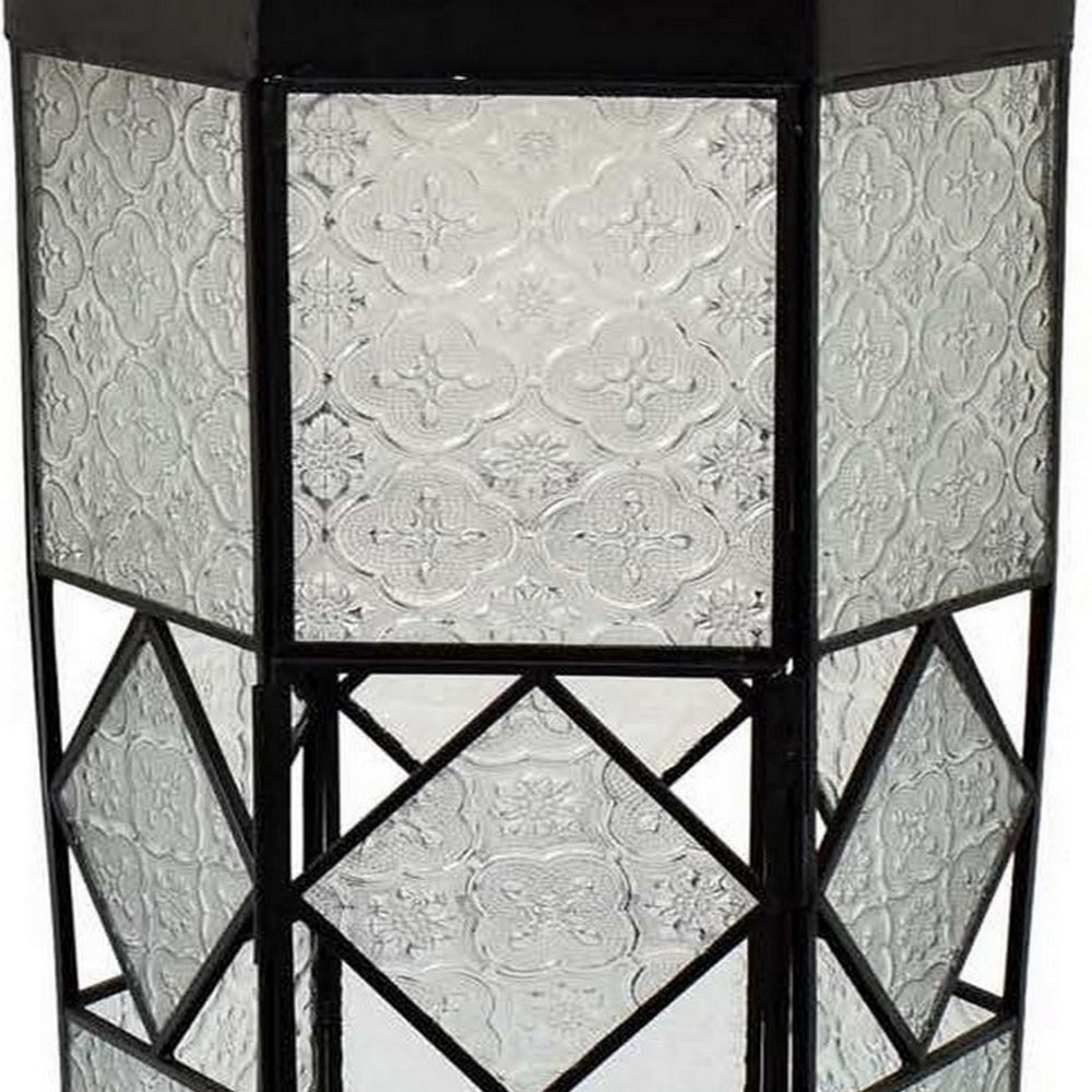 23 Inch Modern Decorative Lantern Hexagonal Glass Case Black Metal By Casagear Home BM315691