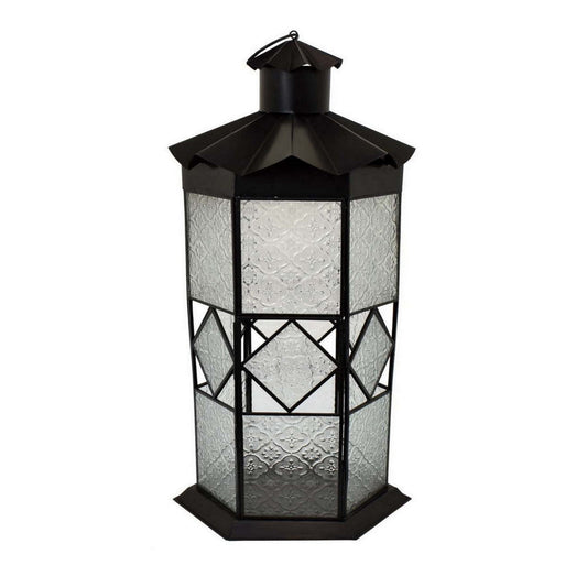 23 Inch Modern Decorative Lantern, Hexagonal Glass Case, Black Metal By Casagear Home