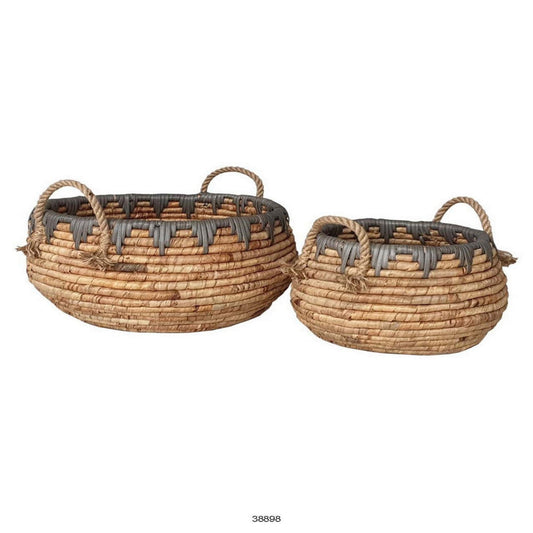 Decorative Storage Basket Set of 2, Handwoven Water Hyacinth Fiber, Brown By Casagear Home