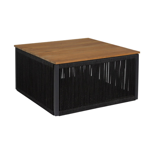 Miri 30 Inch Outdoor Coffee Table, Teak Wood Slatted Top, Black Rope By Casagear Home