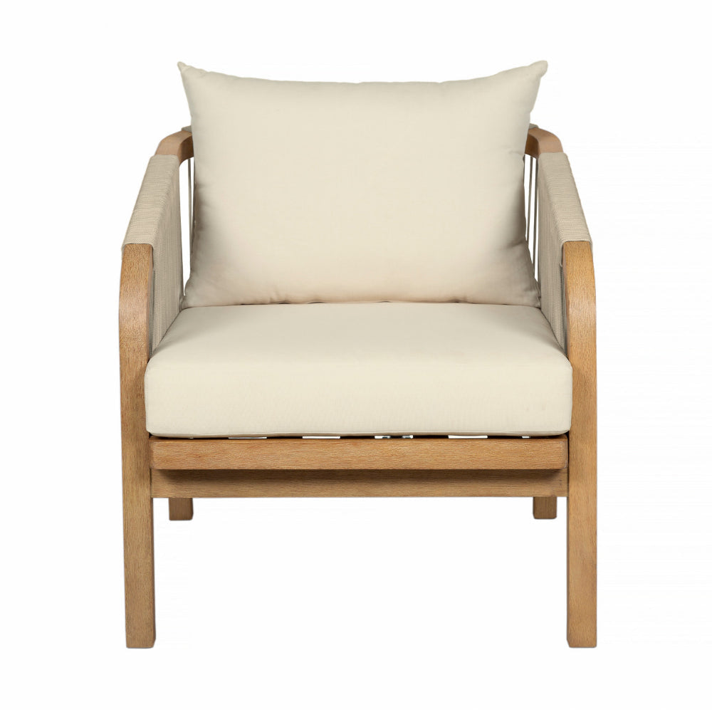 Ann 32 Inch Outdoor Accent Chair Brown Eucalyptus Rope Ivory Olefin By Casagear Home BM315711