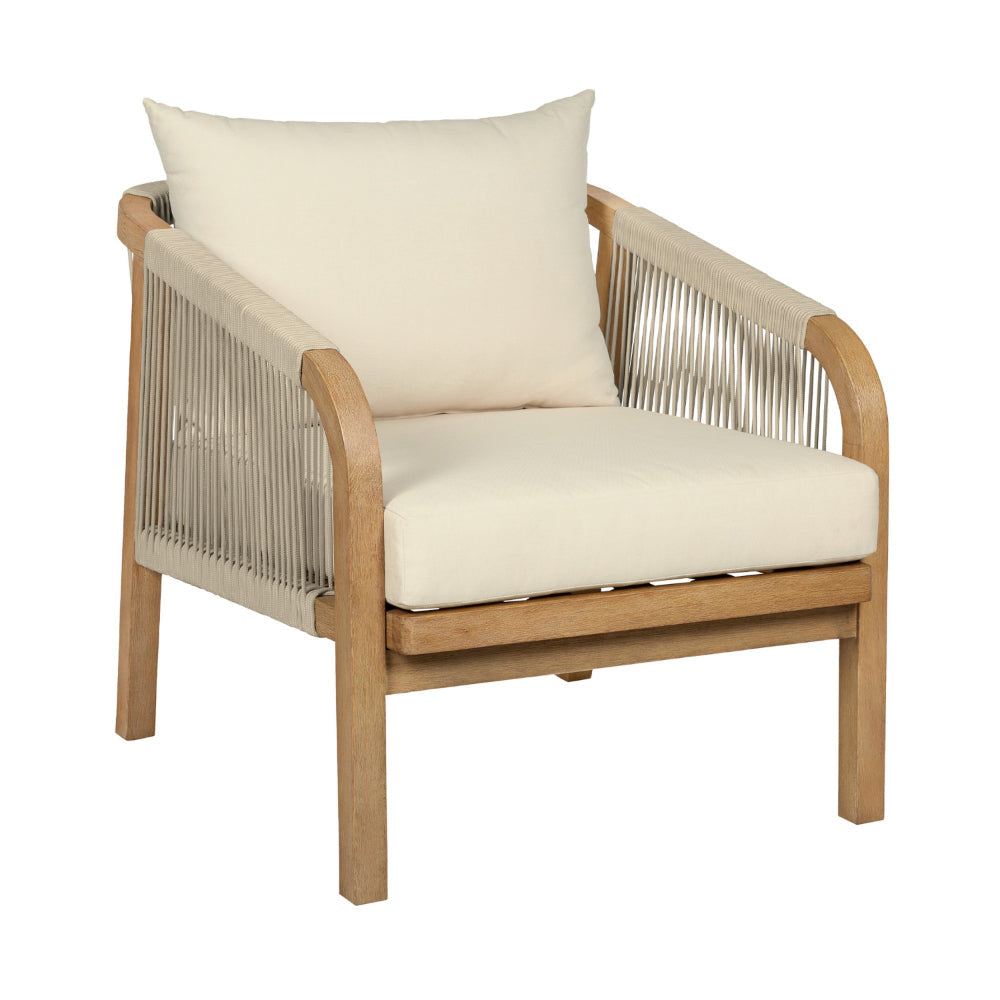 Ann 32 Inch Outdoor Accent Chair, Brown Eucalyptus, Rope, Ivory Olefin By Casagear Home