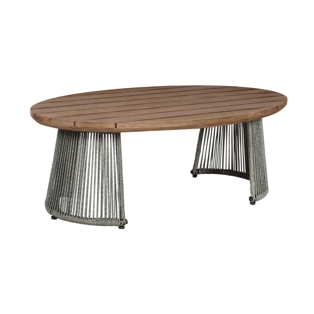 Jax 47 Inch Outdoor Coffee Table Oval Slatted Top Gray Rope Braiding By Casagear Home BM315715