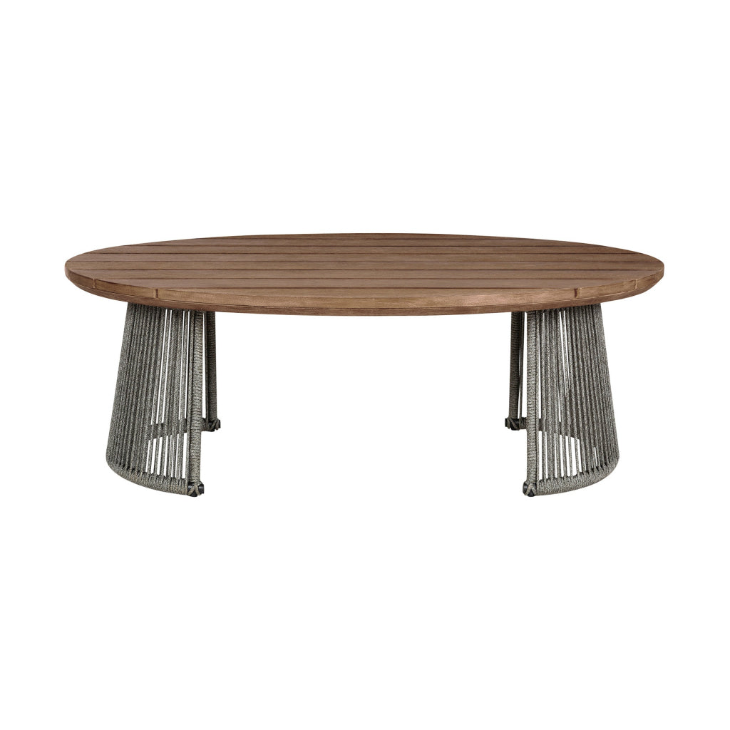 Jax 47 Inch Outdoor Coffee Table Oval Slatted Top Gray Rope Braiding By Casagear Home BM315715