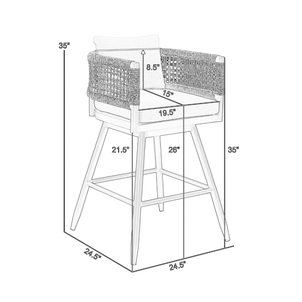 Piper 26 Inch Outdoor Swivel Counter Stool Chair Rope Woven Gray Cushions By Casagear Home BM315716