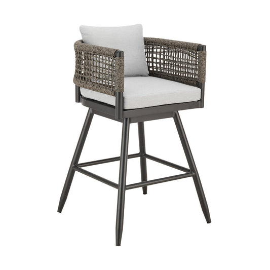 Piper 26 Inch Outdoor Swivel Counter Stool Chair, Rope Woven, Gray Cushions By Casagear Home