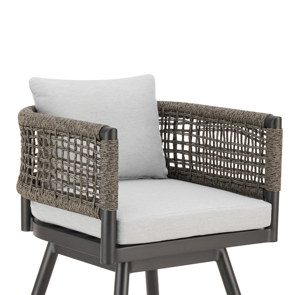 Piper 30 Inch Outdoor Swivel Barstool Chair Rope Woven Gray Cushions By Casagear Home BM315717