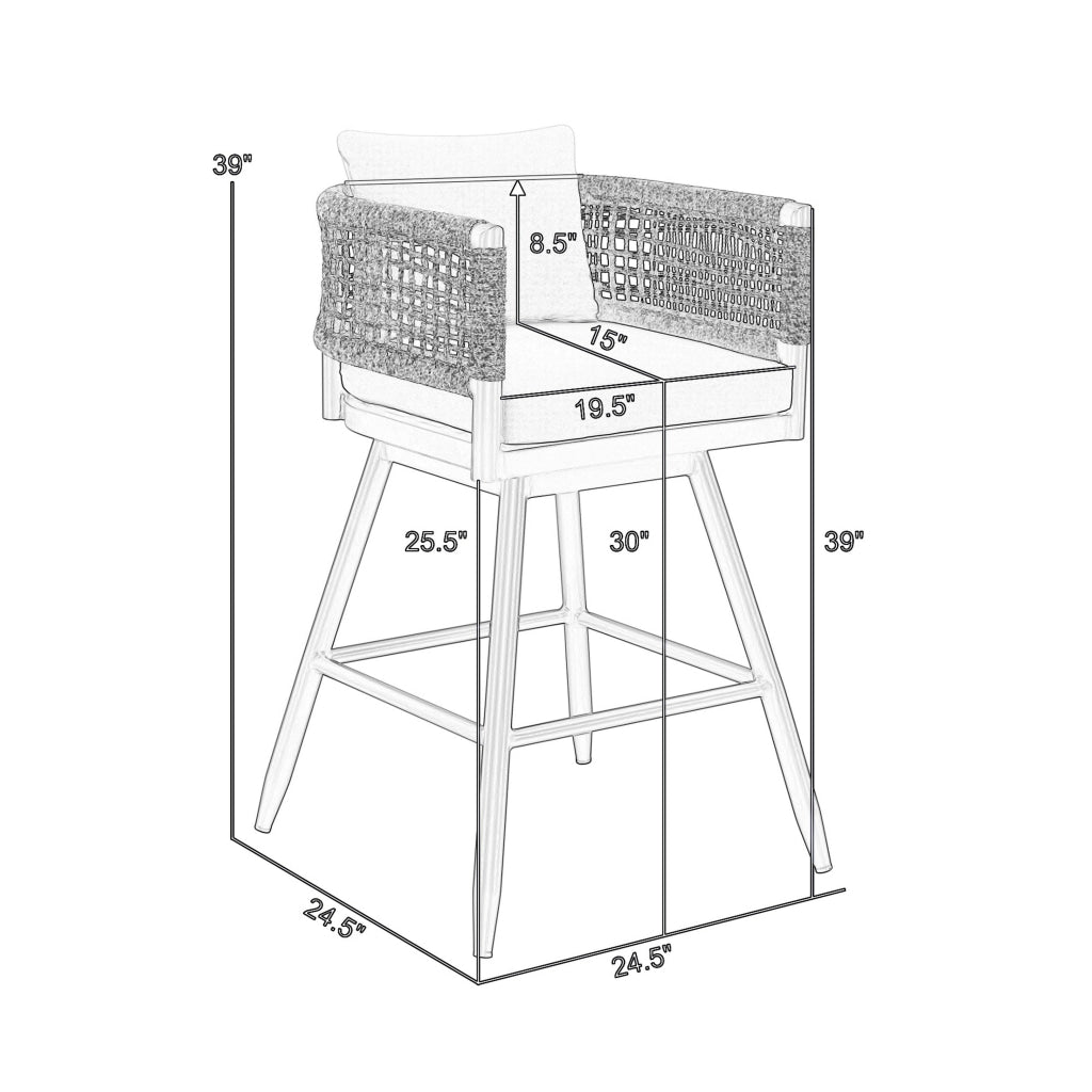 Piper 30 Inch Outdoor Swivel Barstool Chair Rope Woven Gray Cushions By Casagear Home BM315717
