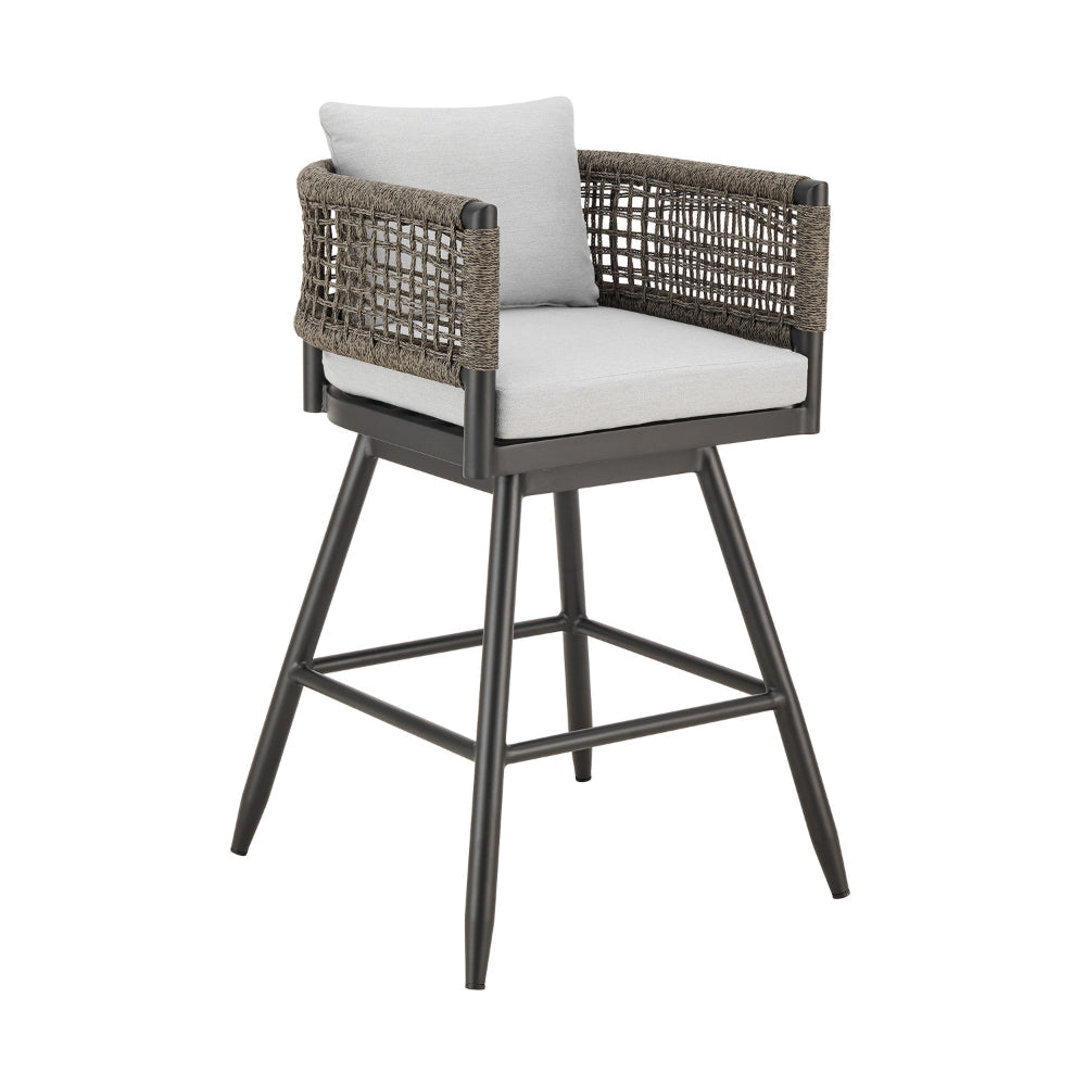 Piper 30 Inch Outdoor Swivel Barstool Chair, Rope Woven, Gray Cushions By Casagear Home