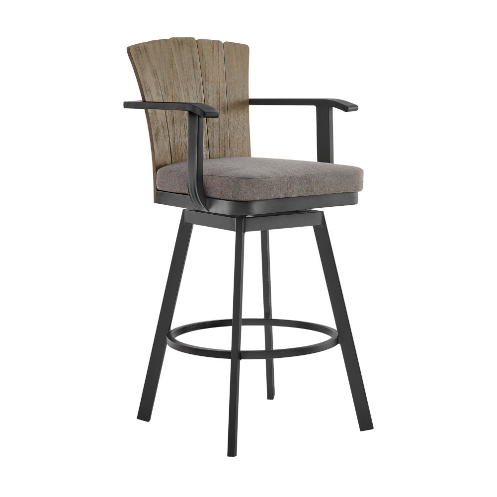 Luna 26 Inch Outdoor Swivel Counter Stool Chair, Rustic Teak Wood, Black By Casagear Home