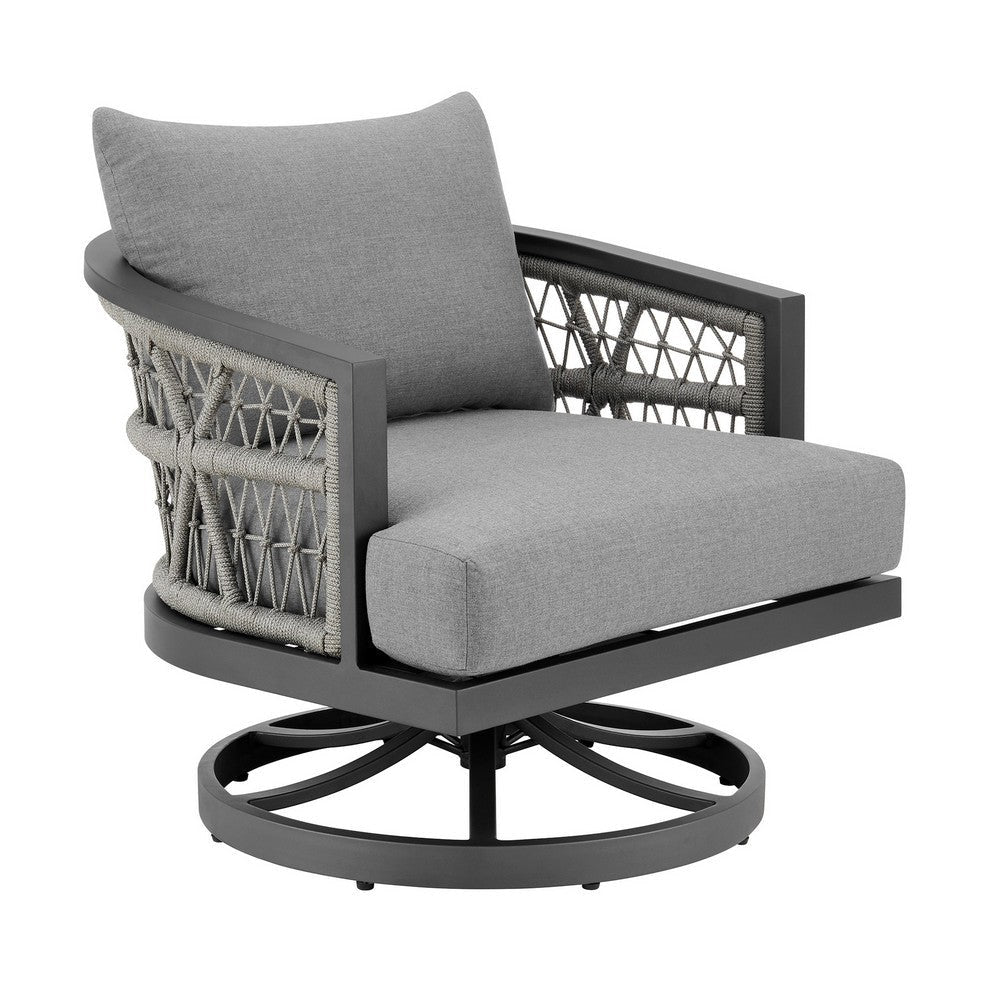 Hosa 30 Inch Outdoor Patio Swivel Armchair, Gray Metal Frame, Woven Rope By Casagear Home