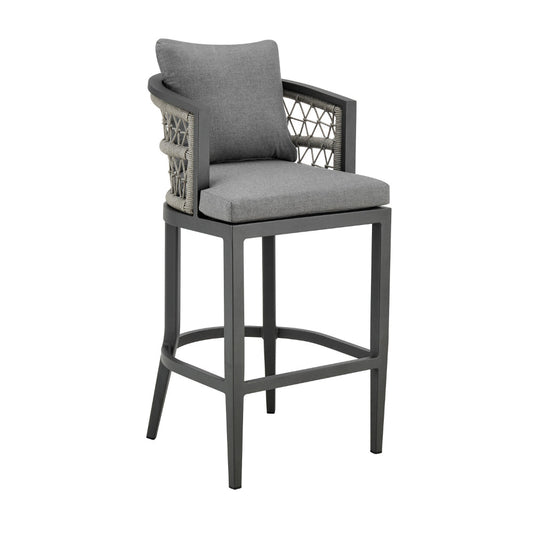 Hosa 26 Inch Outdoor Patio Counter Stool Chair, Gray Aluminum, Woven Rope By Casagear Home