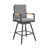 Razi 26 Inch Outdoor Swivel Counter Stool Chair, Black Metal, Gray Cushions By Casagear Home