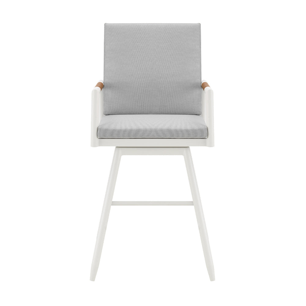 Razi 26 Inch Outdoor Swivel Counter Stool Chair White Metal Gray Cushions By Casagear Home BM315739