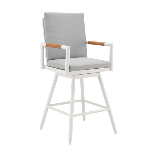 Razi 26 Inch Outdoor Swivel Counter Stool Chair, White Metal, Gray Cushions By Casagear Home