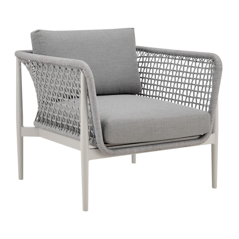 Rue 33 Inch Outdoor Patio Armchair, Mesh Woven Rope, Gray Aluminum Frame By Casagear Home