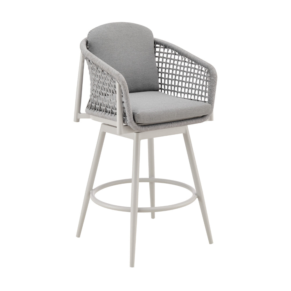 Rue 27 Inch Outdoor Swivel Counter Stool Chair, Mesh Woven Rope, Gray Metal By Casagear Home