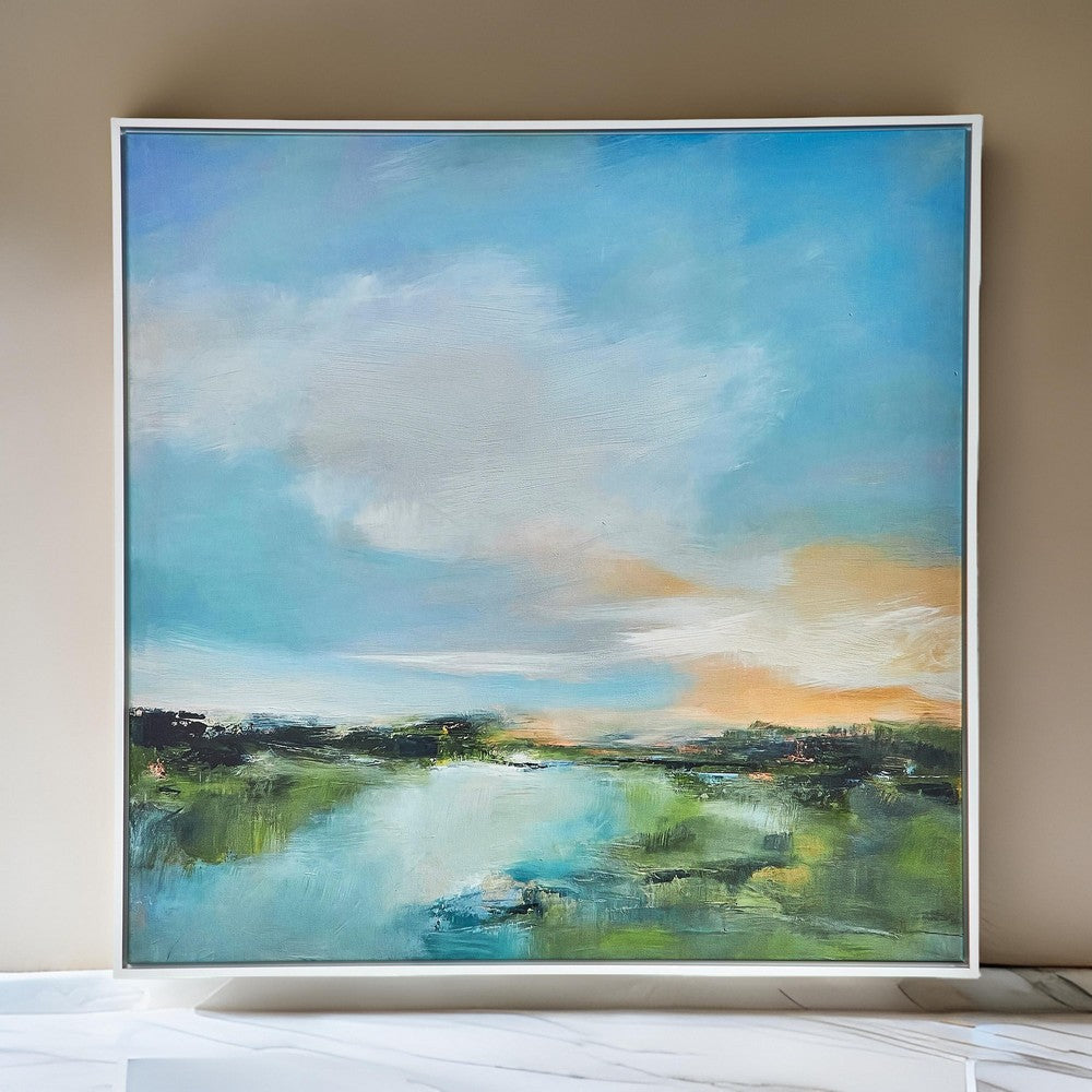 37 x 37 Wall Art, River Evening Giclee on Framed Canvas, White Blue By Casagear Home