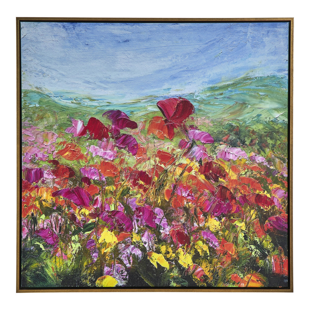 37 x 37 Handcrafted Wall Art Poppies Hillside on Framed Canvas Gold Red By Casagear Home BM315750