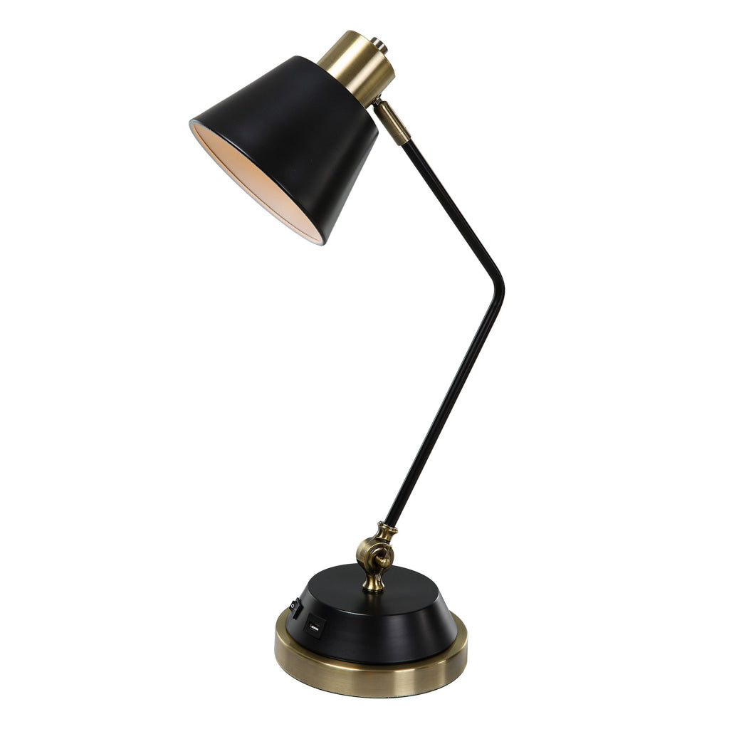 23 Inch Desk Lamp Adjustable Arm USB Port Antique Brass and Black Metal By Casagear Home BM315759