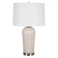 25 Inch Table Lamp Rattan Woven White Linen Shade Brushed Silver Accents By Casagear Home BM315760