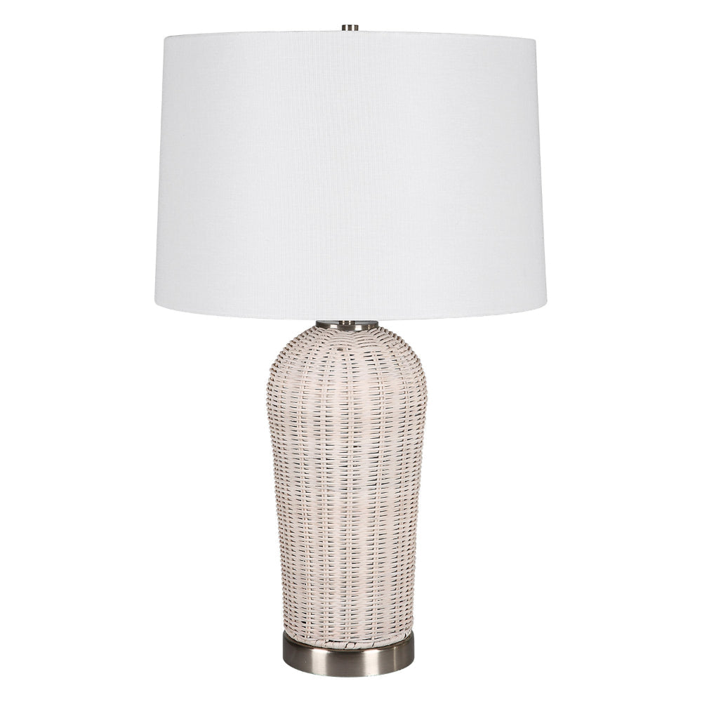 25 Inch Table Lamp Rattan Woven White Linen Shade Brushed Silver Accents By Casagear Home BM315760