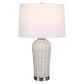 25 Inch Table Lamp, Rattan Woven, White Linen Shade, Brushed Silver Accents By Casagear Home