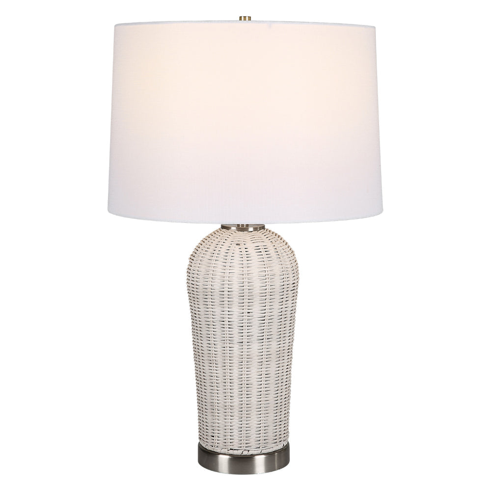 25 Inch Table Lamp, Rattan Woven, White Linen Shade, Brushed Silver Accents By Casagear Home