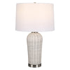 25 Inch Table Lamp, Rattan Woven, White Linen Shade, Brushed Silver Accents By Casagear Home