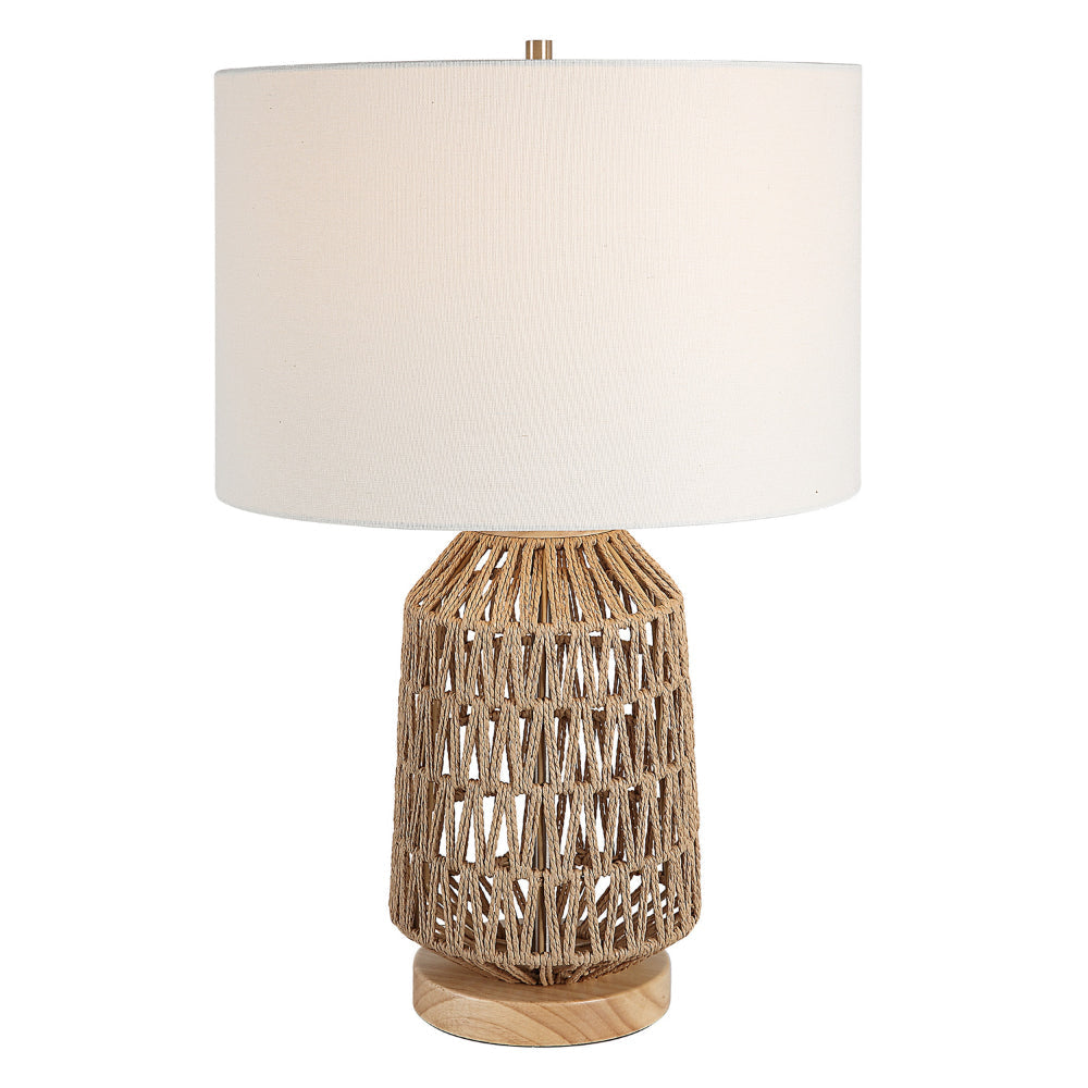 24 Inch Table Lamp, Brown Woven Rope, Linen Shade, Wood Base, Off White By Casagear Home