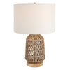 24 Inch Table Lamp, Brown Woven Rope, Linen Shade, Wood Base, Off White By Casagear Home