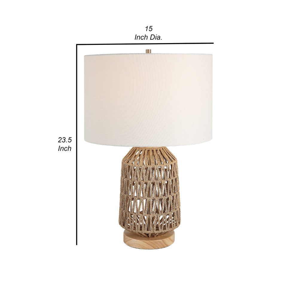 24 Inch Table Lamp Brown Woven Rope Linen Shade Wood Base Off White By Casagear Home BM315761