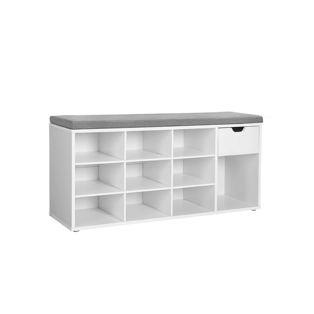 Lyne 41 Inch Shoe Bench with Drawer and 10 Shelves Gray Seat White Wood By Casagear Home BM315780