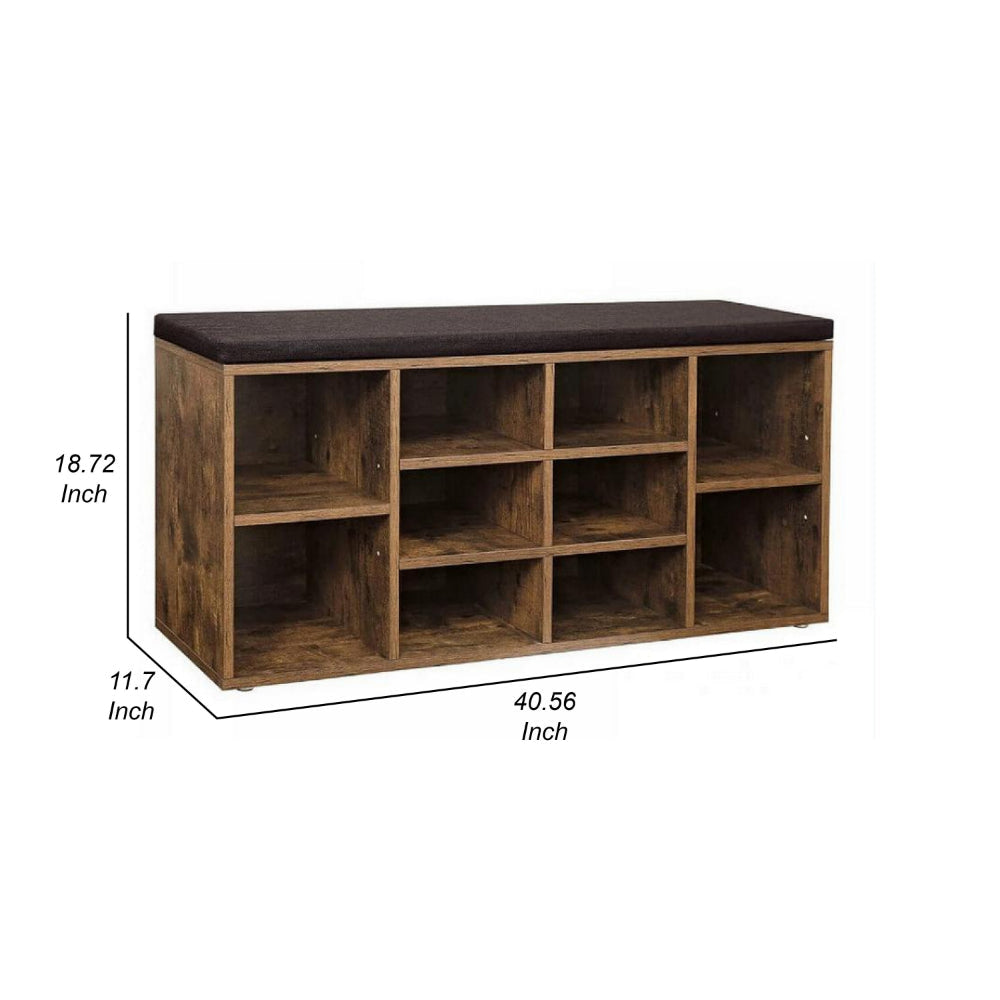 Lyne 41 Inch Shoe Rack Bench with 9 Shelves Soft Black Top Brown Wood By Casagear Home BM315783