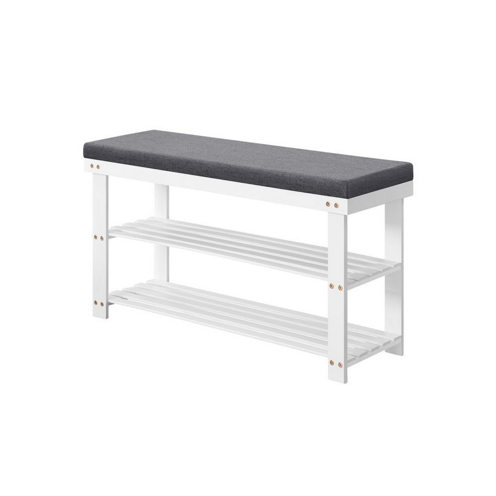 Alo 35 Inch Shoe Rack Bench Cushioned Seat 2 Slatted Shelves White Gray By Casagear Home BM315792