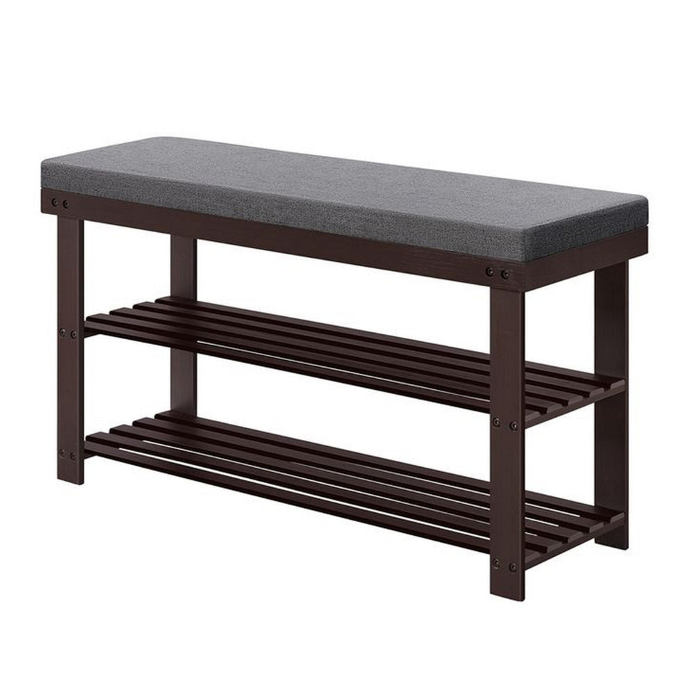 Alo 35 Inch Shoe Rack Bench Cushioned Seat 2 Slatted Shelves Brown Gray By Casagear Home BM315793