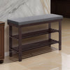 Alo 35 Inch Shoe Rack Bench, Cushioned Seat, 2 Slatted Shelves, Brown, Gray By Casagear Home