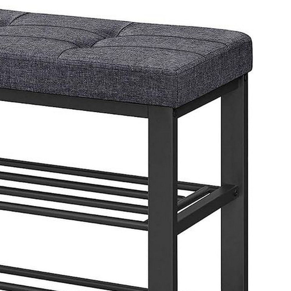 Lee 39 Inch Shoe Rack Bench Tufted Seat 2 Shelves Dark Gray Black By Casagear Home BM315794