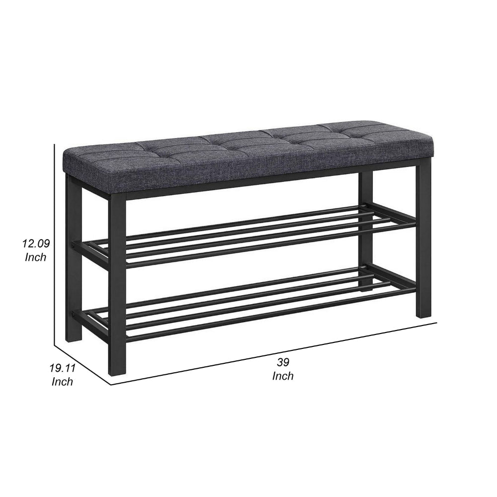 Lee 39 Inch Shoe Rack Bench Tufted Seat 2 Shelves Dark Gray Black By Casagear Home BM315794