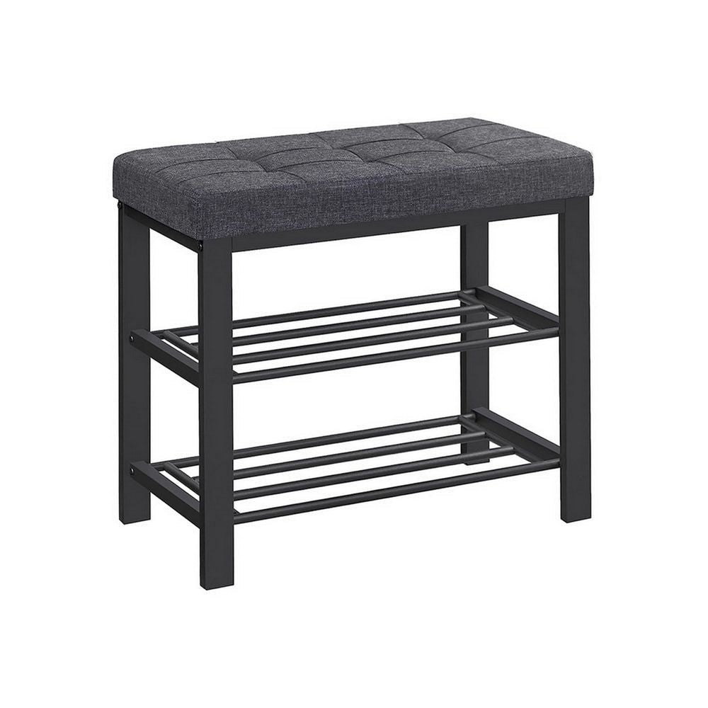 Lee 24 Inch Shoe Rack Cushioned Tufted Seat 2 Shelves Dark Gray Black By Casagear Home BM315795